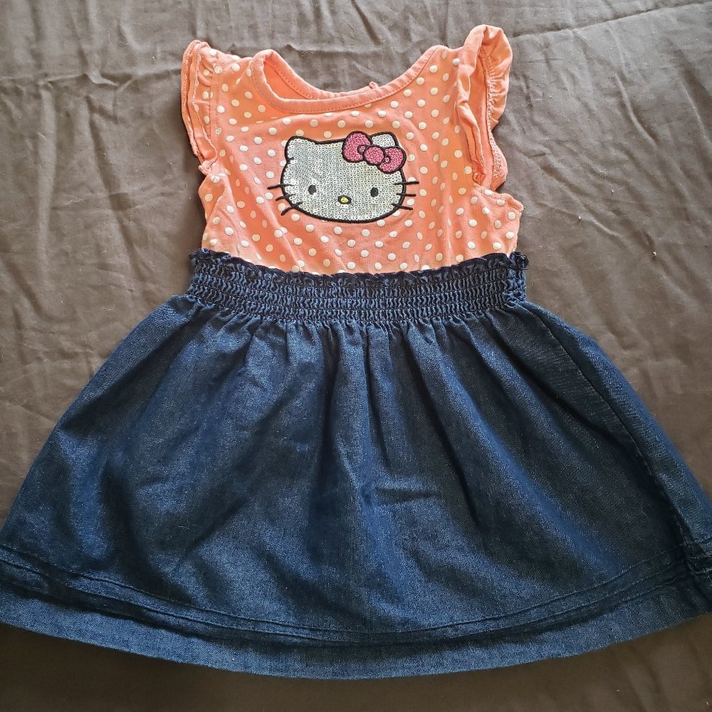 Hello Kitty Denim Dress Coral Pink Sanrio Top Sequin Accents Logo Cinched Waist